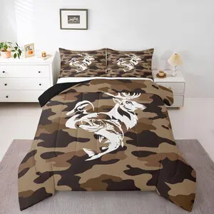 Camo Deer Duck Fish Hunting Comforter Sets for Boys Kids Teens,Rustic Farmhouse Bedding Sets Brown Camouflage Duvet Quilt Wildlife,