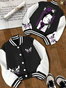 Girls' Short Baseball Jacket with Cool and Design, Butterfly Decor and Demon Slayer Print, Casual Spring & Fall Outerwear for Ages 4-14