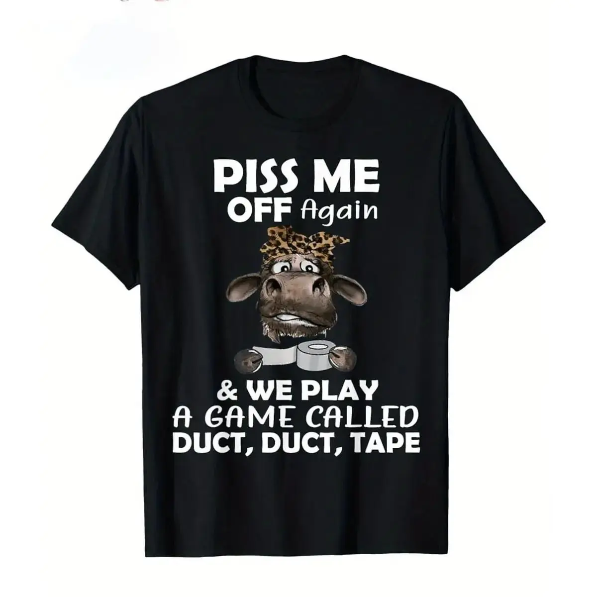 Men's Retro Humorous Slogan T-Shirt - Play The Tape Game Again Cartoon Cow Design Black Short Sleeve Round Neck Casual Shirt - Suitable For Beach