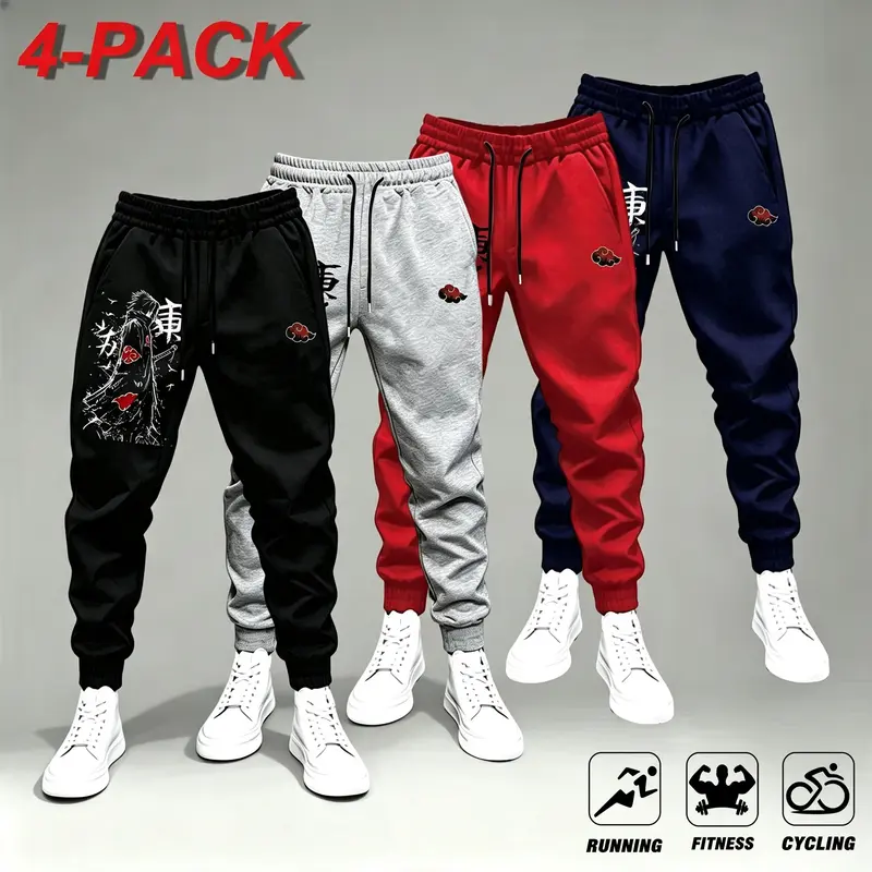 4-Pack Anime-Inspired Joggers for Men - Black, Grey, Red, Navy - Ideal for Running, Fitness, and Cycling - Comfortable and Stylish,Men Anime Graphic Jogger Pants, Elastic Drawstring Waist Casual Streetwear Sweatpants, Men's Joggers Pants