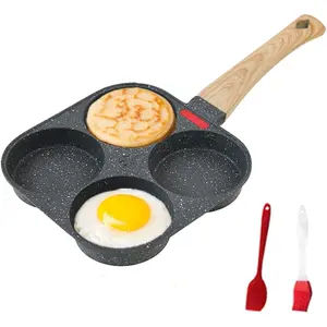 4-Section Non-Stick Granite Egg Frying Pan - Kitchen Cookware with Aluminum Base, Wooden Handle for Multiple Eggs