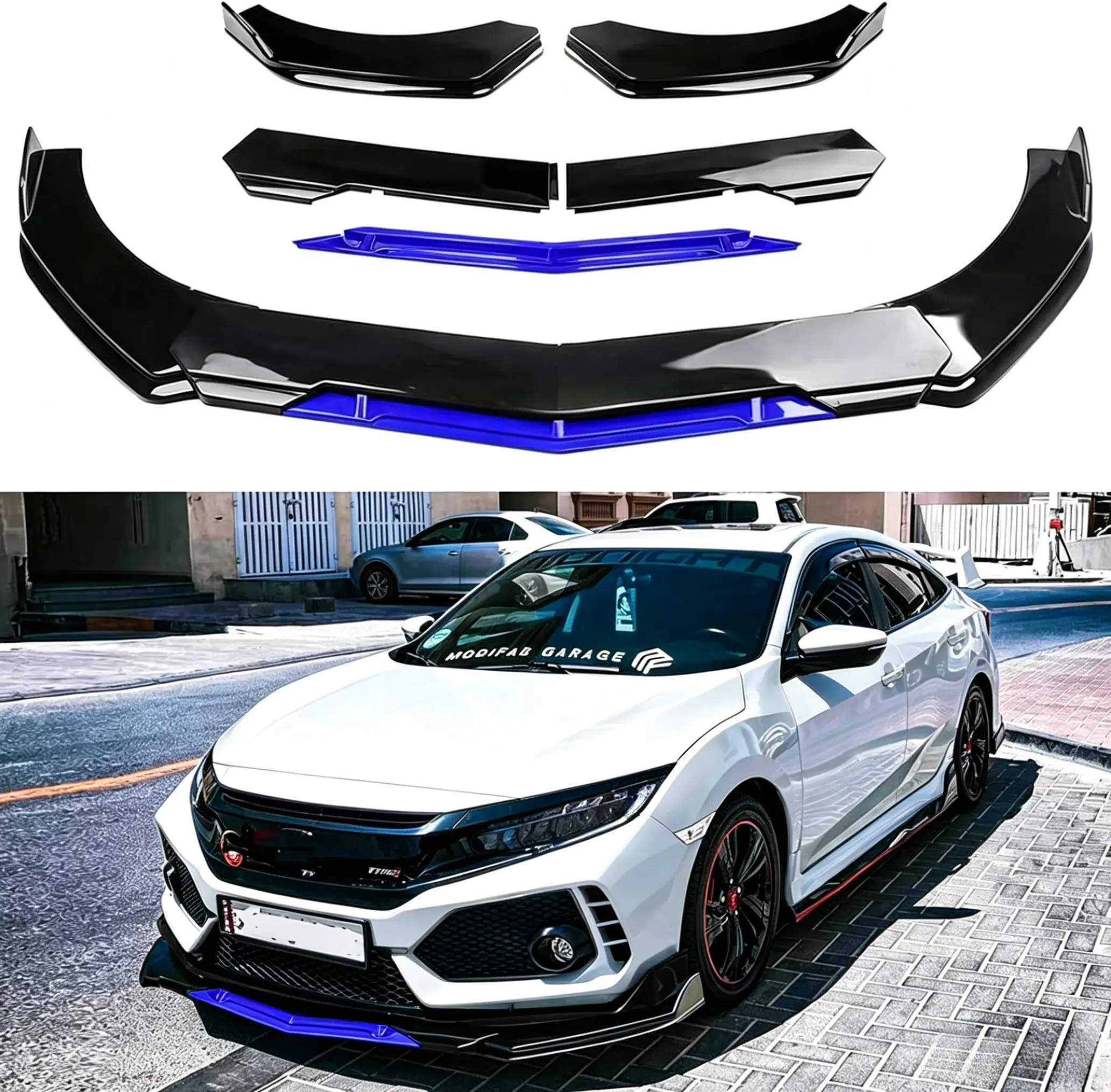 5PCS Universal Adjustable Front Bumper Lip Chin Spoiler Splitter Diffuser Kit, Gloss Black ABS Aerodynamic Bumper Guard Protector, Sport Wide Body Air Dam Mod Accessory, Fit For Most Standard Honda Toyota Nissan Dodge Hyundai Mazda Sedans