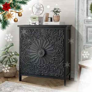 [New Year] PHI VILLA Black Accent Cabinet with 2 Carved Pattern Doors, Solid Wood Frame & Legs for Entryway and Living Room Furniture Design Interior Storage, Christmas Gift
