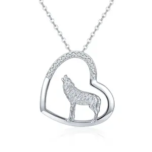 Wolf Pendant Necklace 925 Sterling Silver Cubic Zirconial Wolf Moon Necklace