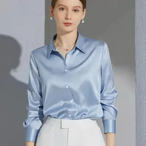 Women’s Satin-Finish Shirt/Blouse – Versatile for Any Outfit, Casual OL Style, Long Sleeves, Button Front, Elegant French Solid Design, Beige Basic