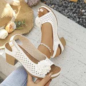 Elegant Women'S Open-Toe Sandals | White with Floral Accent | Chunky Heel, Ankle Strap | Breathable Cut-Out Design | Durable Rubber Sole | Stylish Summer Party Shoes, High Heel Sandal