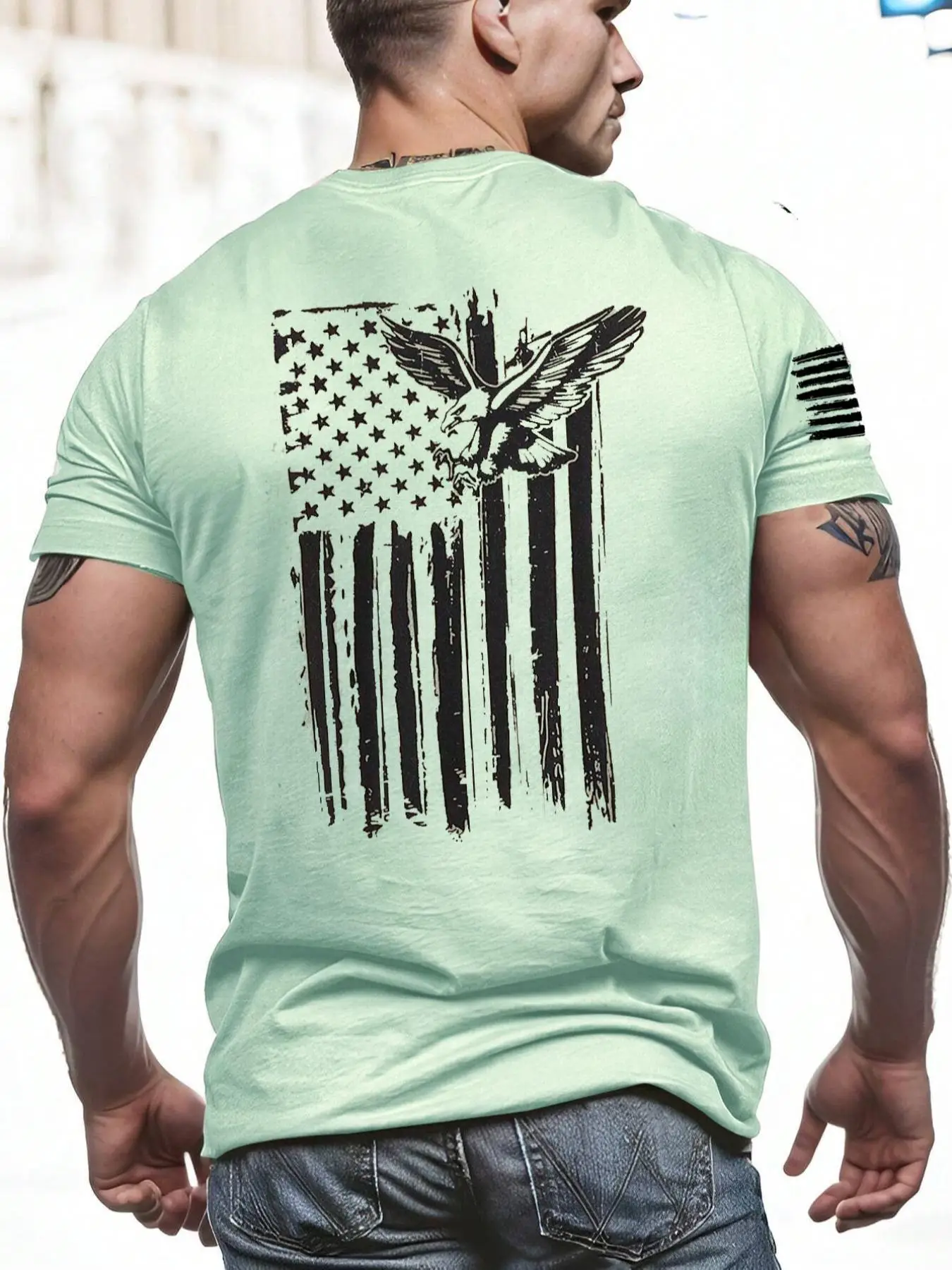 Men's Plain & Eagle & Striped Print Round Neck Tee, Regular Fit Casual Short Sleeve Crew Neck T-Shirt for Summer, Fashion Men's Top for Daily Wear