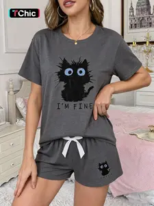3-piece set of women's deep flower gray bottom explosive fur black cat letter pattern printed short sleeved shorts, long pants soft and comfortable round neck top bow waistband elastic waistband, four season home casual wear pajamas