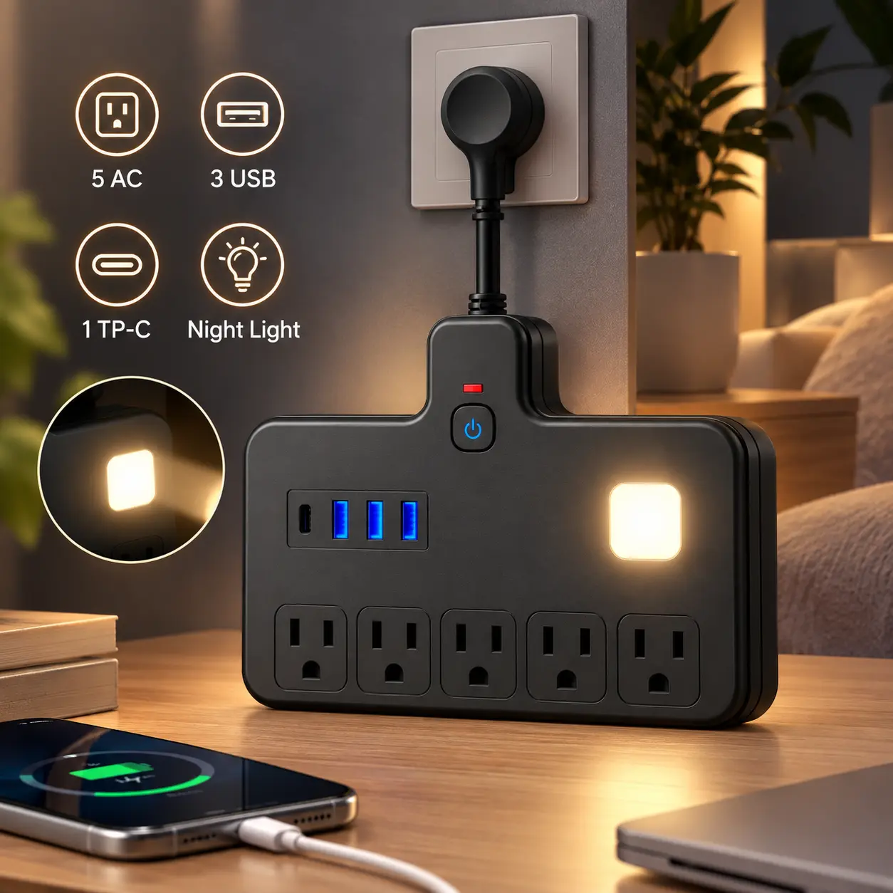Power Strip with Night Light, 5 AC Outlets, 3 USB Ports & 1 USB-C Port, Multi-Outlet Charging Station for Bedroom, Home & Office