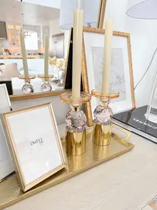 Pink Crystal Candlestick with Gold Base (Set of2)