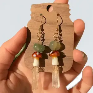 Crystal Mushroom Cottagecore Earrings with Green Glass & Clear Quartz
