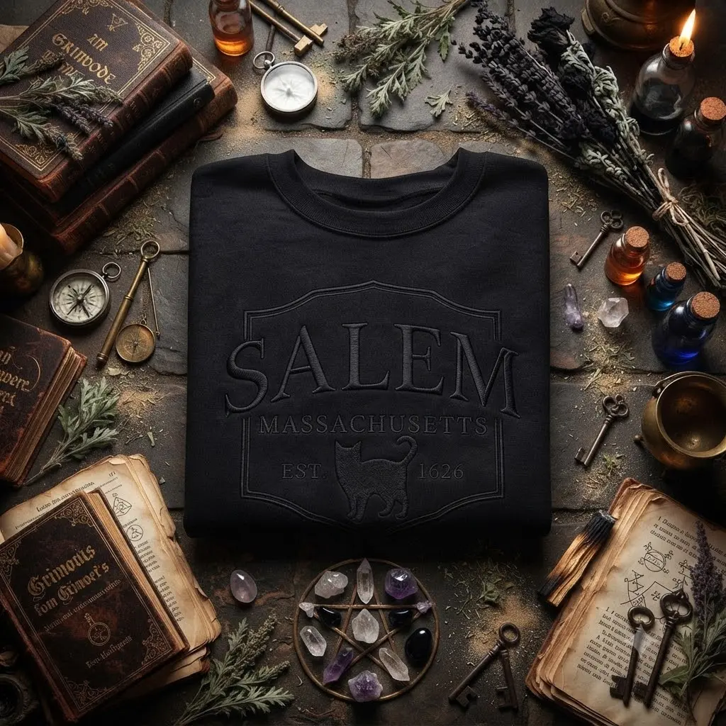 Salem Massachusetts Sweatshirt, Embroidered Salem Crewneck, Witchy Gothic Sweatshirt, Halloween Embroidery, Dark Academia Gift for Her