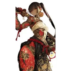 Fierce Oni Samurai Tattoo Girl Vinyl Sticker, Red & Gold Irezumi Body Art, Katana Warrior Pose, Dark Japanese Fantasy Aesthetic, Perfect for Laptops, Water Bottles & Phone Cases