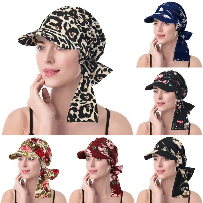 Women Muslim Hijab Caps With Brim Print Turban Bonnet Ladies Headscarf Hat Wrap Hair Can Be Hidden Behind The Hat