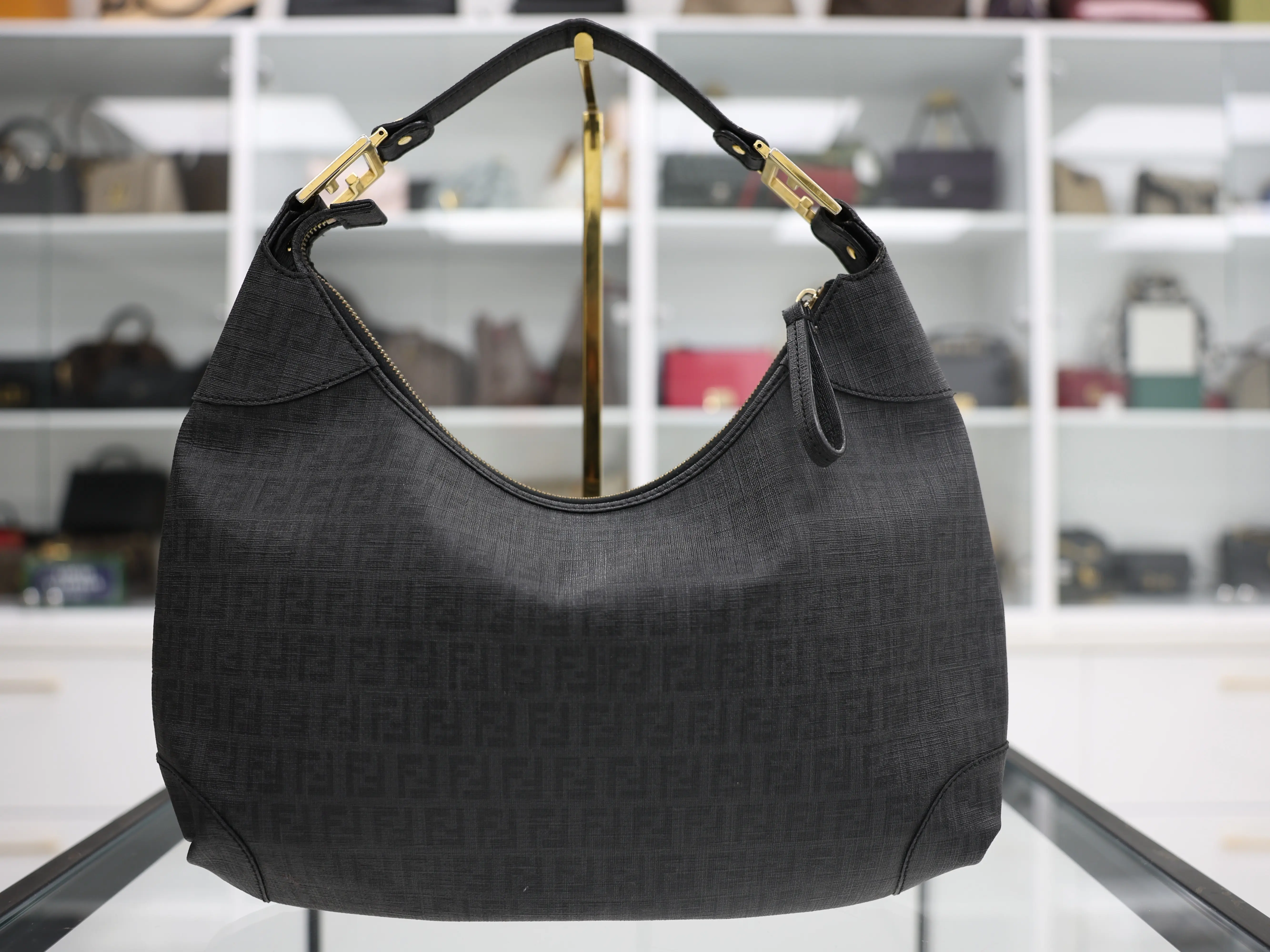 Pre-owned FENDI CANVAS Shoulder Bags BLACK ZUCCA HOBO HANDBAG