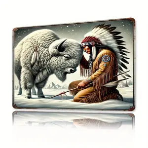 [Vintage Metal Wall Decor] Vintage Rustic Iron Foil Engraving Wall Decor - 1pc Buffalo and Native American Design, Metal Art for Home, Bar, Cafe, Garage, Farmhouse Ornaments Decoration Artistic Room