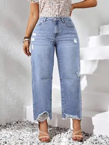 Plus Size Women's Ripped Washed Denim Jeans, Pants, Loose Fit Casual Daily Wear, Comfortable and Stylish, Perfect for Everyday Use, Pocket