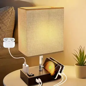 Nordic Style LED Charging Port Linen Table Lamp, Rectangular Phone Stand, USB+a Charger, Ac Socket, Home Decor, Led Desk Lamp