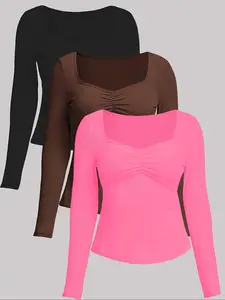 ["Plus Size"] Solid Color Long Sleeve Tee, Casual Comfy Breathable T-shirt for Fall & Winter, Women's Clothing for Daily Wear, Casual Breathable Top