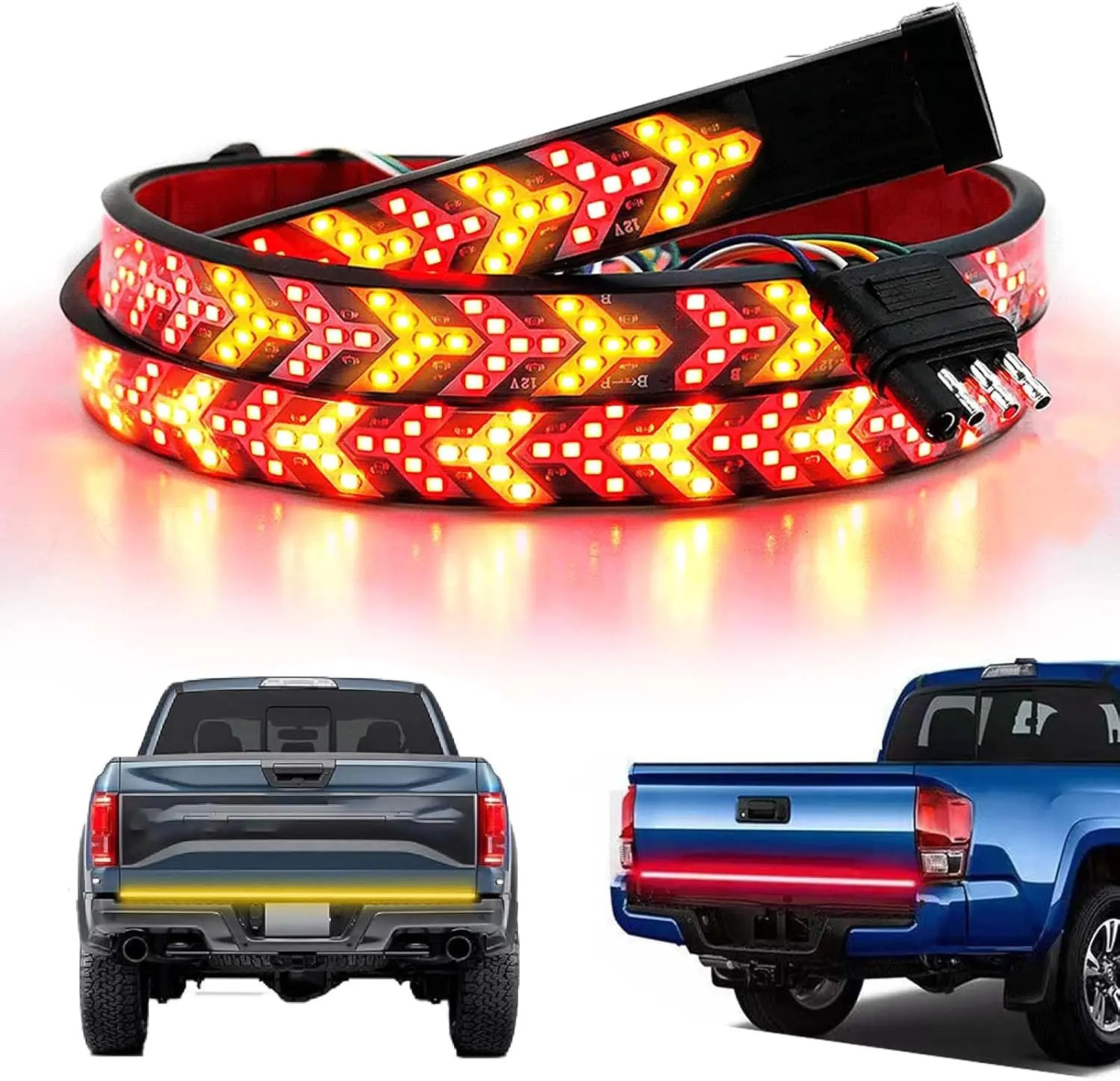 60-Inch Silicone Strip Truck Lightbar - 12V DC, IP67 Rated, Arrow Layout, Red Sequential Brake, Amber Double Flashing Turn Signal, Vehicle Accessory for Pickups, SUVs, Strobe Lights For Trucks, Semi Truck Accessories
