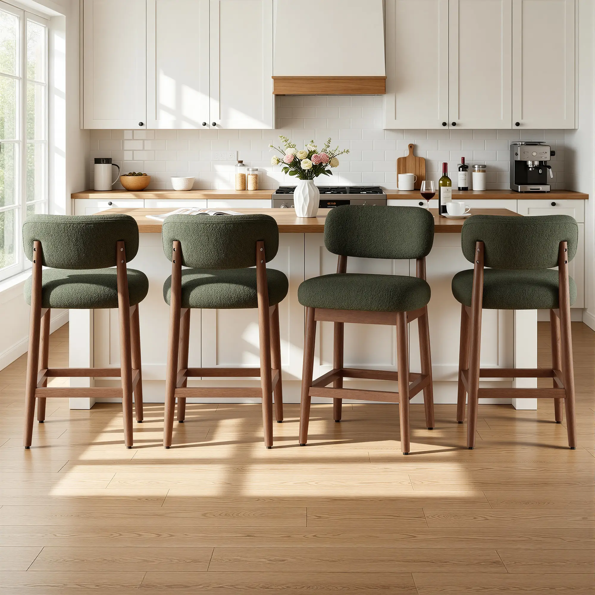 Modern Height Bar Stools Set Of 2, Upholstered High Stool for Kitchen Island, Dining Room, Cafe & Bar, Ergonomic Design, High-Density Foam, Rubberwood Frame, Supports up to 300 lbs