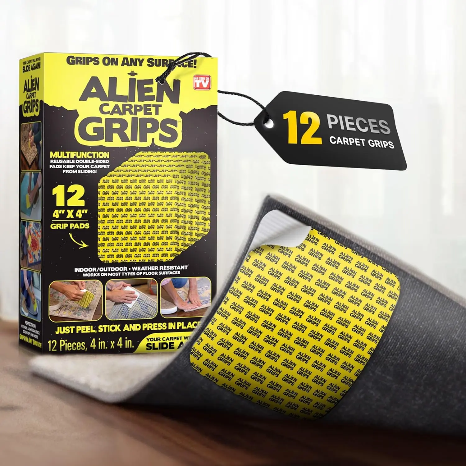 Alien Rug Grips Carpet Tape – 12pcs, 4x4 in. Reusable Double-Sided Pads for Hardwood and Tile Floors, Non-Slip Corner Rug Pads Alien Rug Grips Carpet Tape – 12pcs, 4x4 in. Reusable Double-Sided Pads for Hardwood and Tile Floors, Non-Slip Corner Rug Pads