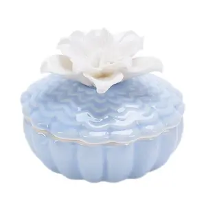 Ceramic Jewelry Box, Round Storage Jar with Elegant Floral Lid, Women's Gift for Rings, Bracelets, Earrings, Necklaces, Ceramic Keepsake Box, Organiser, Hyacinth Storage Organizer