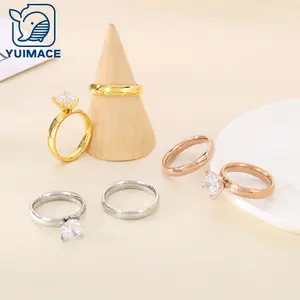 Minimalist Couple Rings - 4mm Polished Titanium Steel 4-Prong Zircon Wedding Bands Matching Jewelry