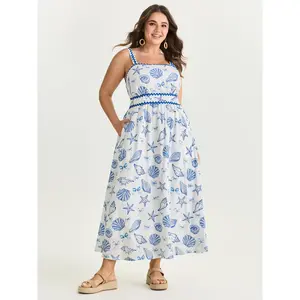 BLOOMCHIC Women's Plus Size Casual Wear Bohemian Seashell Print Maxi Dress - Supersoft Polyester-Rayon Fabric