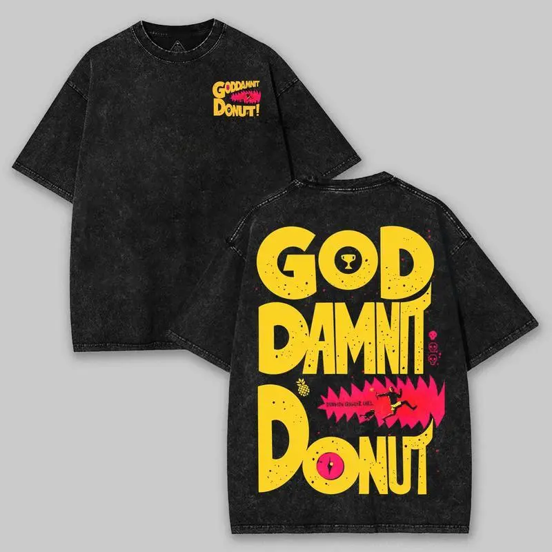 Men's Heavyweight Washed T-Shirt, Dungeon Crawler Carl 'Goddamnit Donut' Graphic Tee, Fitted Cotton Crew Neck Bookish Top for All Seasons, Washed Tee, Casual, Figure, Machine Washable, Short, Unisex, Shortsleeve