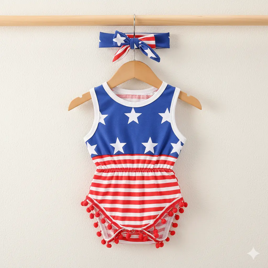 Infant Jumpsuit & Headband Set, Baby Girl Stars and Stripes Fun Themed Bodysuit, Sleeveless Cotton Blend, Baby Clothes Girl for Newborns 0-18 Months, Fun Themed Bodysuits, Stripes Print Bodysuit