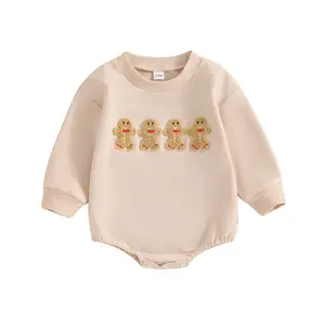 Baby Boy Girl Christmas Outfit Gingerbread Man Embroidery Sweatshirt Romper Oversized Long Sleeve Bubble Romper