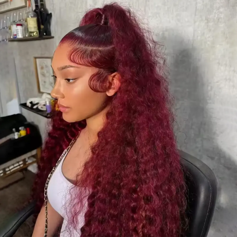 Bling Hair 13x4 13x6 Deep Wave Lace Frontal Wig Transparent 99J Burgundy Curly Lace Front Wigs Red Colored HD Deep Wave Human Hair