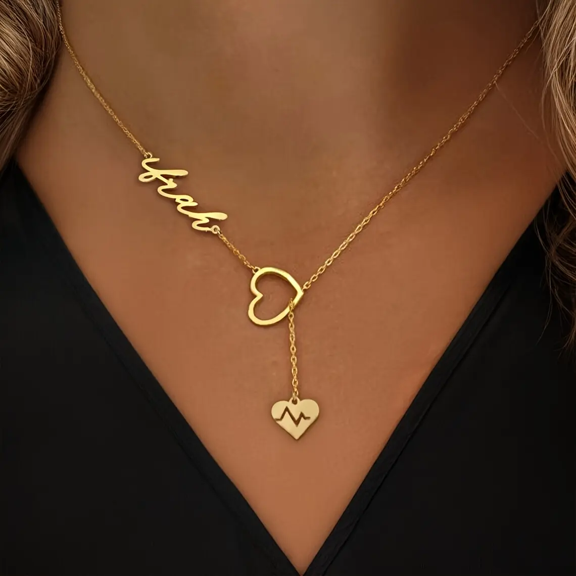 Customized Couple Heartbeat Name Pendant Necklace - Y-Shaped Chain & Link, Metallic Finish, Simple Styles Jewelry, Valentine's Day Gift, Wedding Accessory, Personalized Jewelry