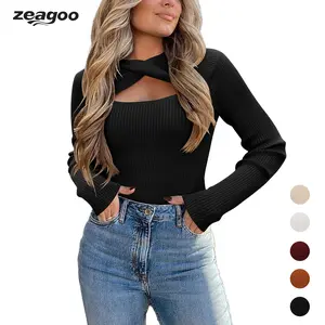 ZEAGOO Last Chance Christmas Women's Plain Knitting Long Sleeves Cut Out Round Neck Twist Skinny Jumper Basic Soft Knitwear S-XXL