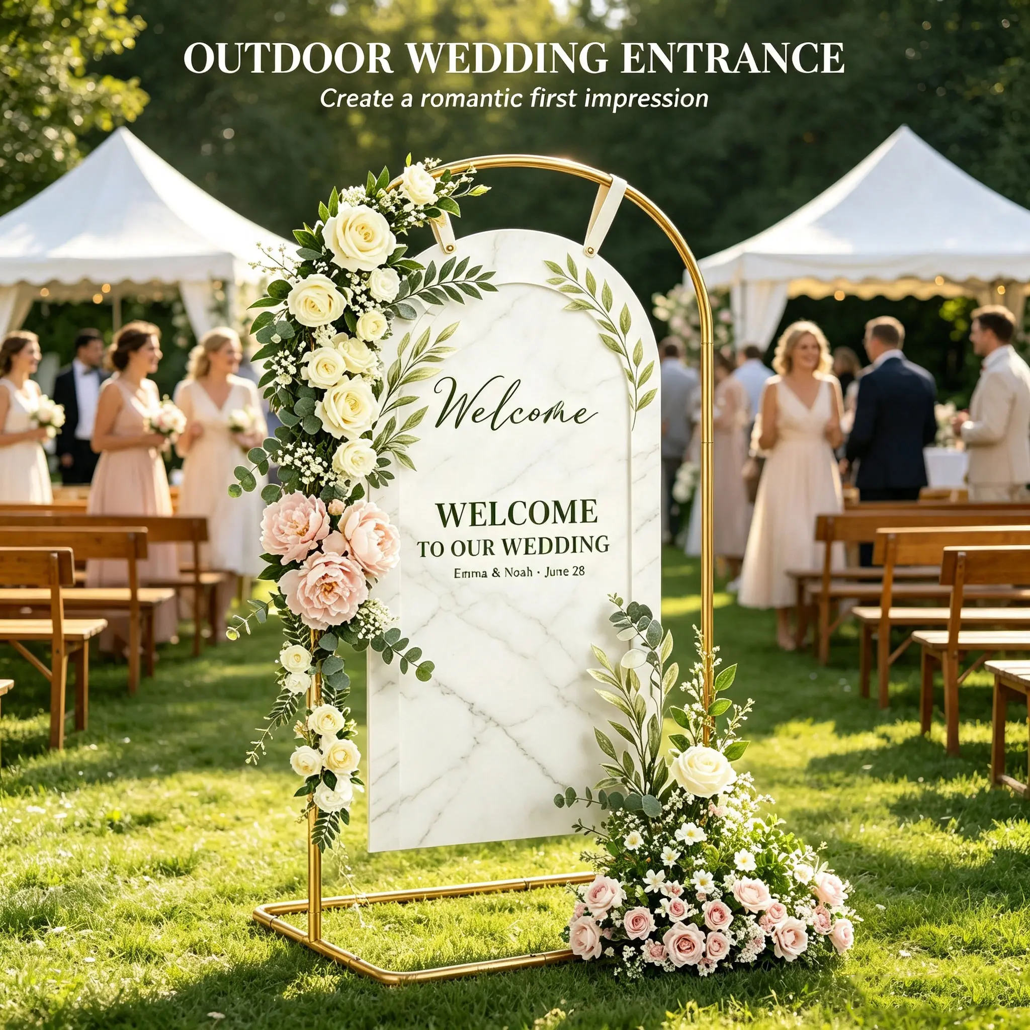Elegant Wedding Sign Stand & Holder，Golden Heavy Duty Metal Wedding Welcome Sign Stand for Reception，Welcome to Our Wedding Hanging Sign Stand - Perfect for Seating Chart, Posters, and Decor(without card paper)
