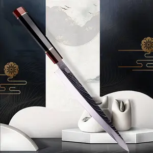 FINDKING 10.5 Inch Yanagiba Knife with Walnut Cover, Japanese SKD11 Damascus Steel, Razor-Sharp Blade, Ebony Wood Octagonal Handle, Prestige Series, Professional Sashimi Sushi Fish Knife, with Wooden Gift Box