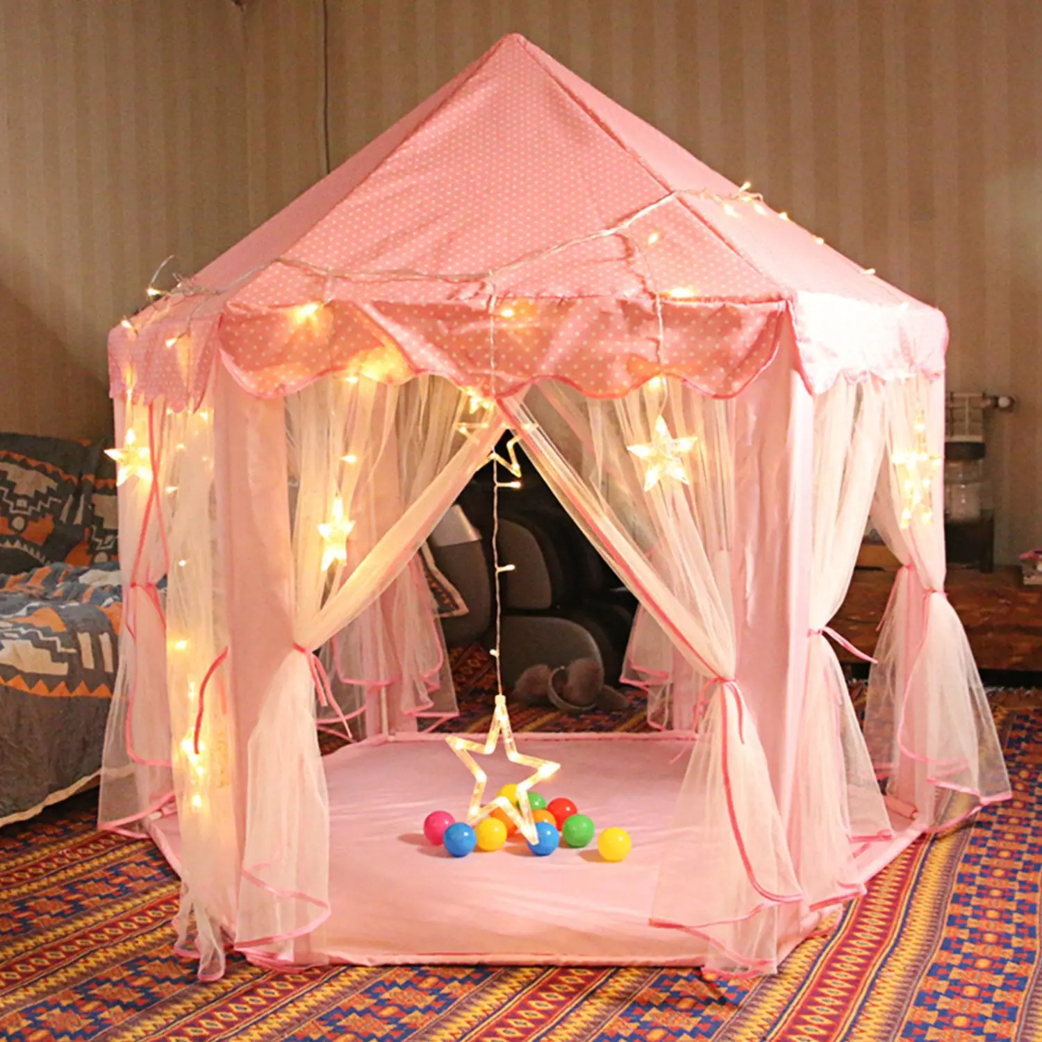 Girls' PVC Princess Castle Play Tent, Indoor-Outdoor Kids Playhouse with Breathable Mesh, Carry Bag, Outdoor Play Equipment