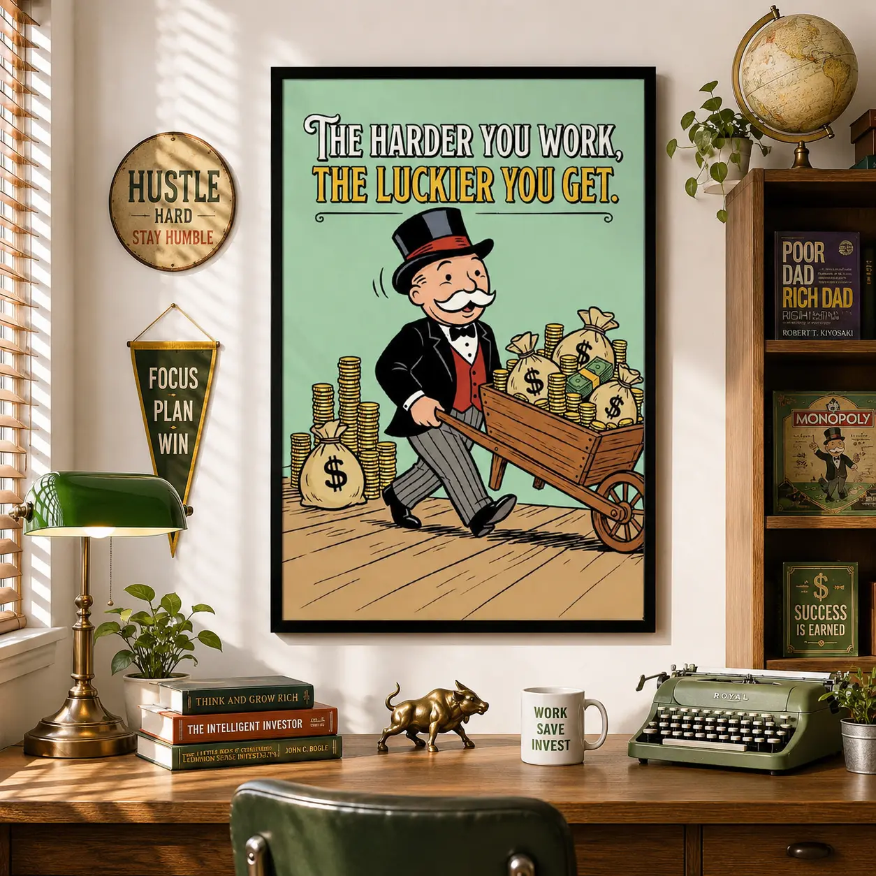 Monopoly The Harder You Work The Luckier You Get Framed Canvas Wall Art, Classic Rich Uncle Pennybags Pushing Gold Cart Poster, Vintage Motivational Wealth Quote Print, Home Office Entrepreneur Man Cave Decor, Business Mindset Inspirational Wall Gift