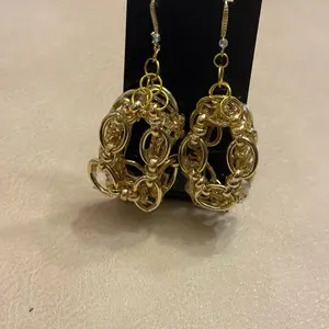 Chunky Chain Linked Earrings with Crystal Gem Piercing - Gold Finish, Elegant Design, Adjustable Chain