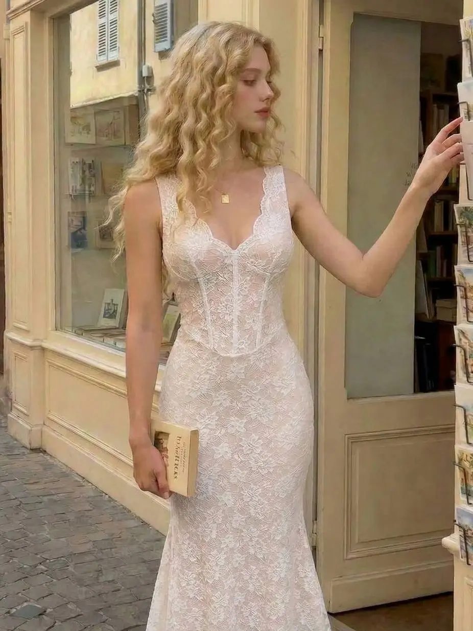 Women's White Lace Mermaid Midi Dress, Elegant Fitted Bridal Dress, Cottagecore Floral Ruffle Dress for Wedding, Garden Party, Graduation, Vacation Outfit