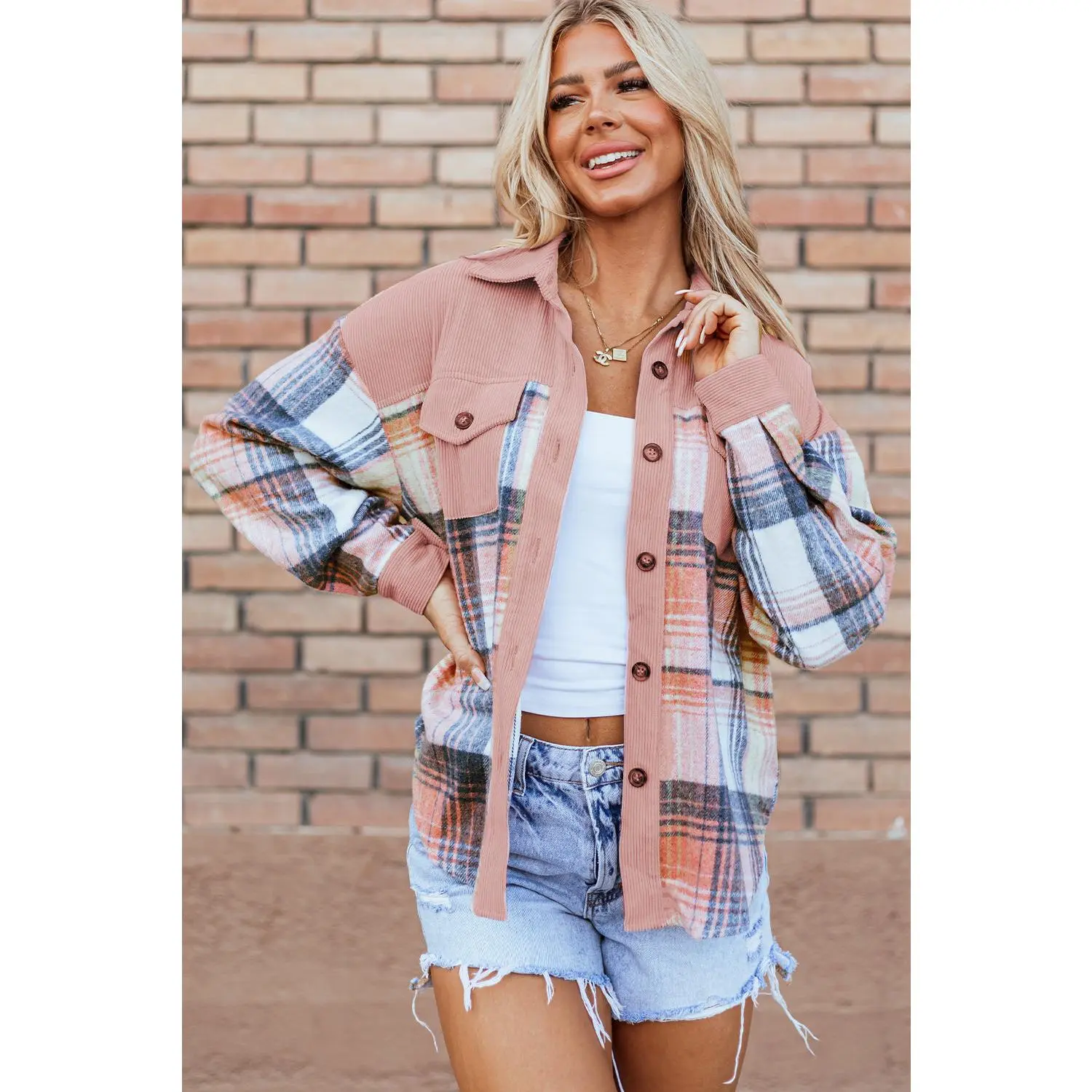 Light Pink Plaid Corduroy Patchwork Chest Pocket Shacket