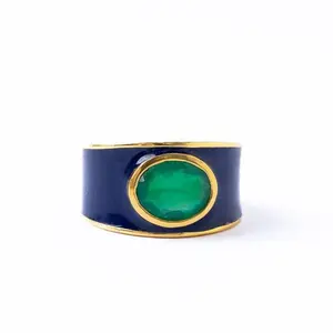 Hazel Oval Stone With Enamel Band Ring Navy + Green Size 8