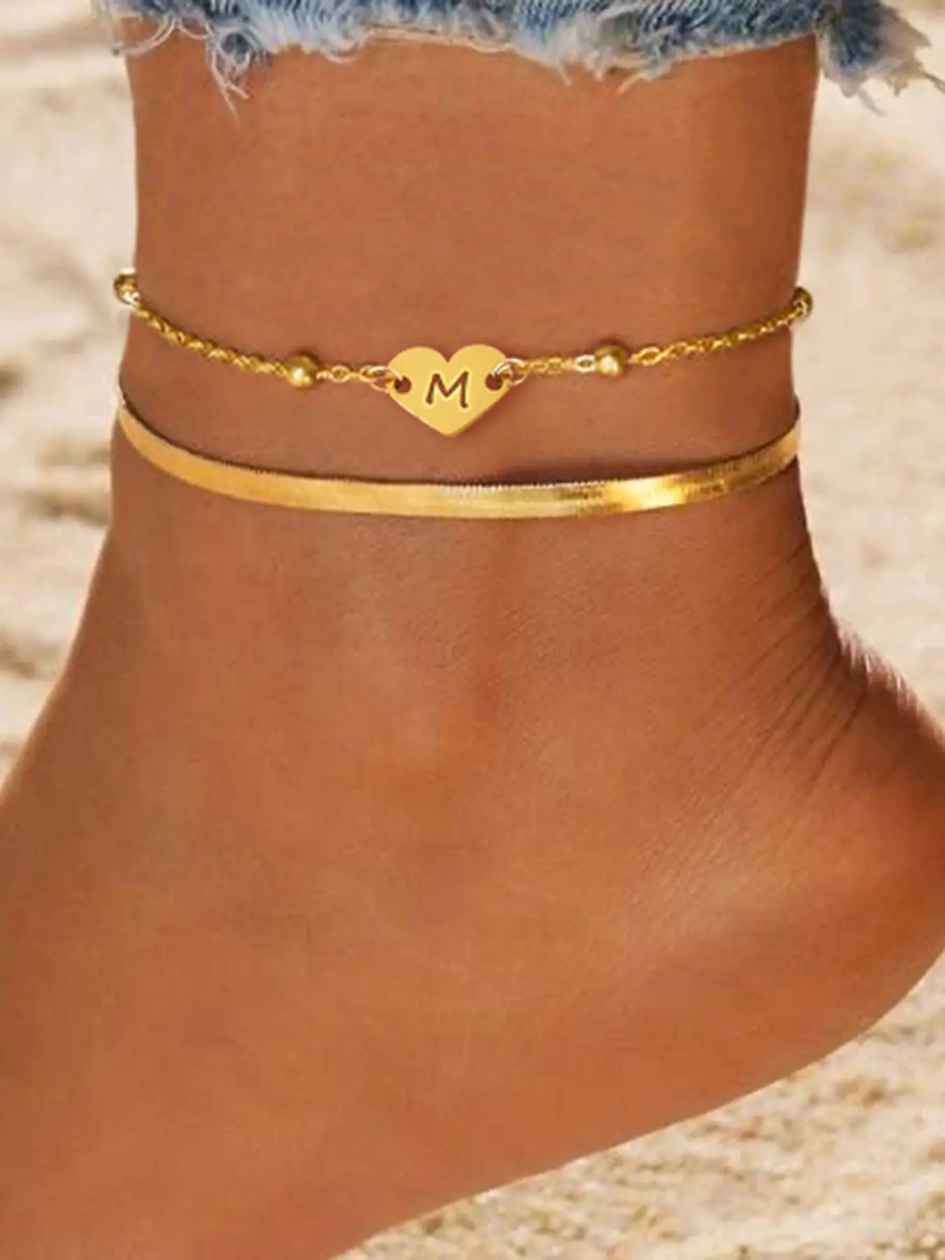 2Pcs/set Heart Hollow Initial Women Anklet New Fashion Golden Stainless Steel Herringbone Chain Layered Chain Anklets For Women