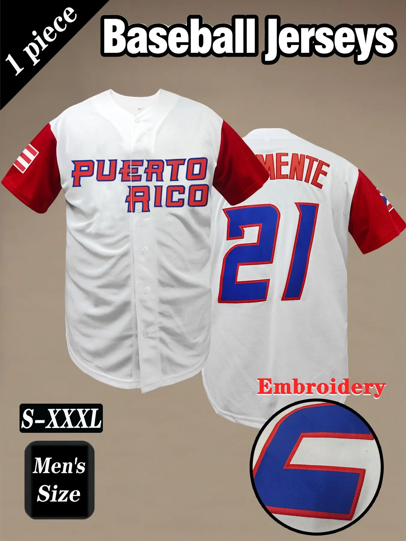 Puerto Rico #21 Retro Vintage Baseball Jersey, Throwback Jersey, Jersey Top, Jersey Shirts, Sports Style Jersey, Embroidered Design, Casual Short Sleeve V Neck, Breathable Sport Button Cardigan, Unisex