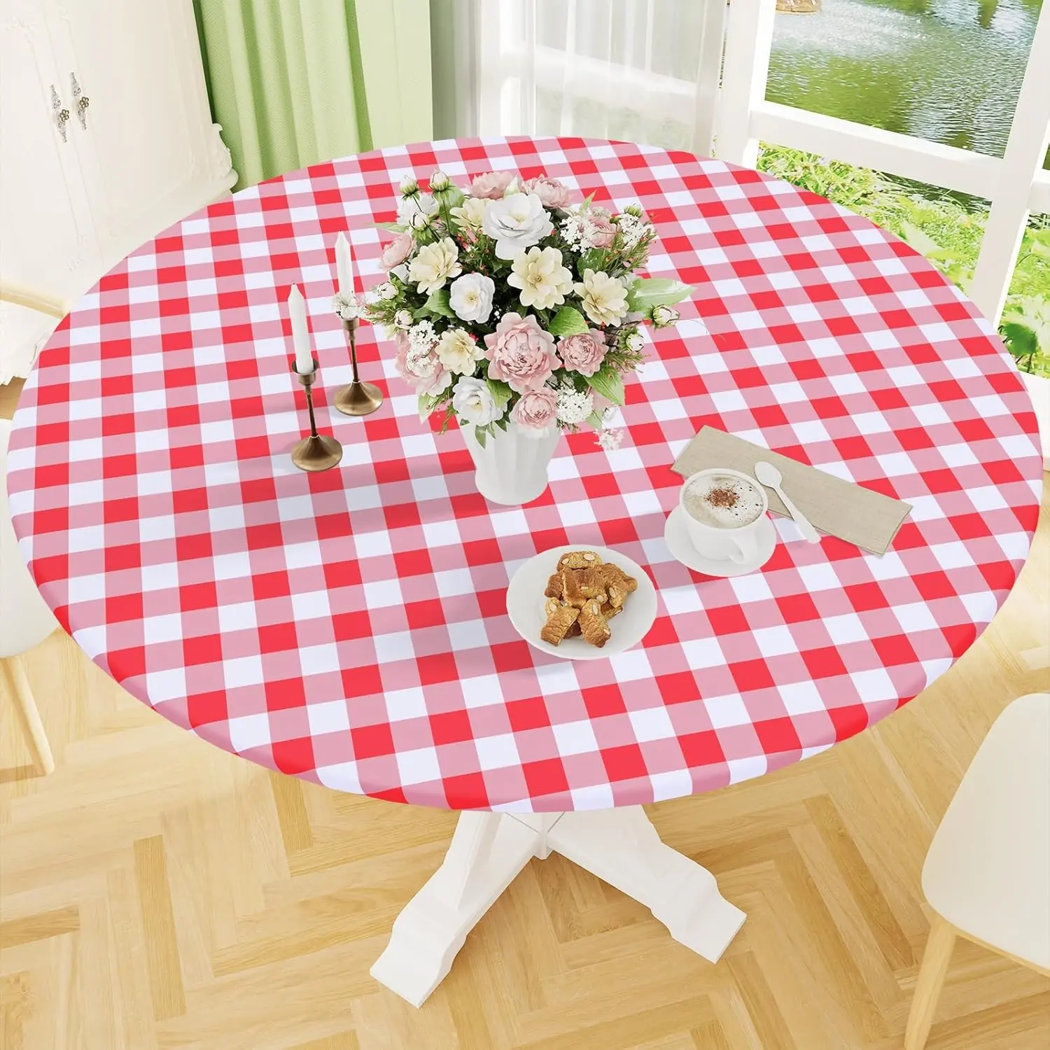 1pc Round Grid Table Cover, Vinyl Waterproof Oil-Resistant Easy-Clean, Non-Slip Tablecloth, Elastic Edge Flannel Backing, Indoor Outdoor Use, Easily Clean