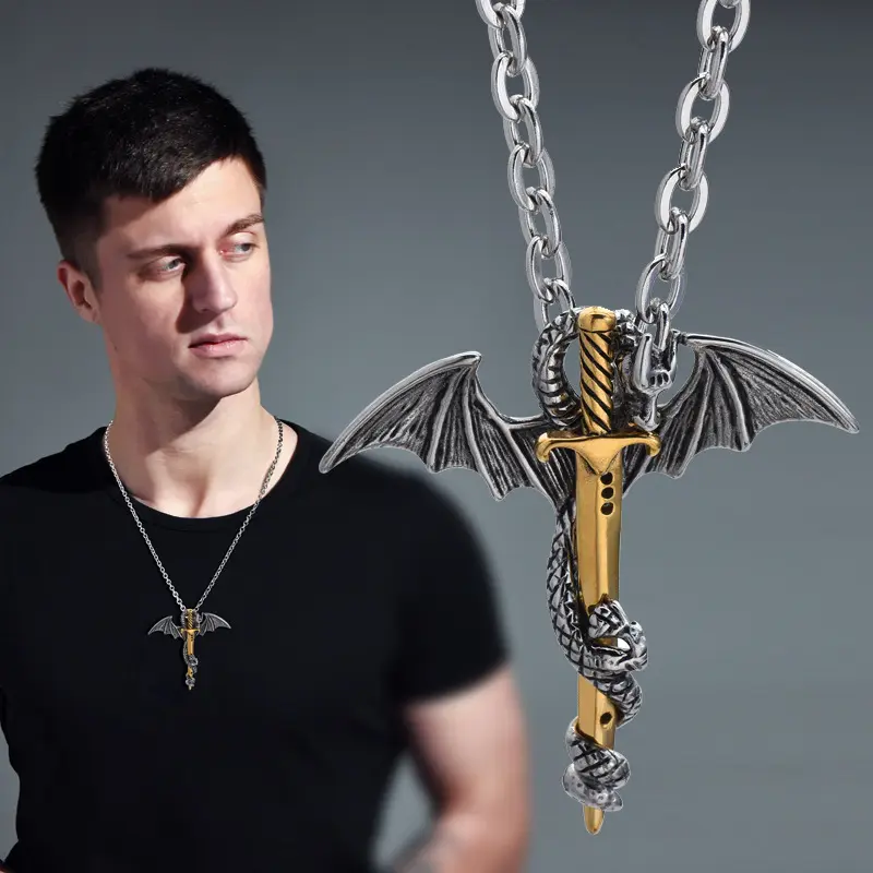 Trendy Mens Titanium Steel Necklace Vintage Two Tone Sword Dragon Wing Pendant Hip Hop Gothic Cross Necklace For Men