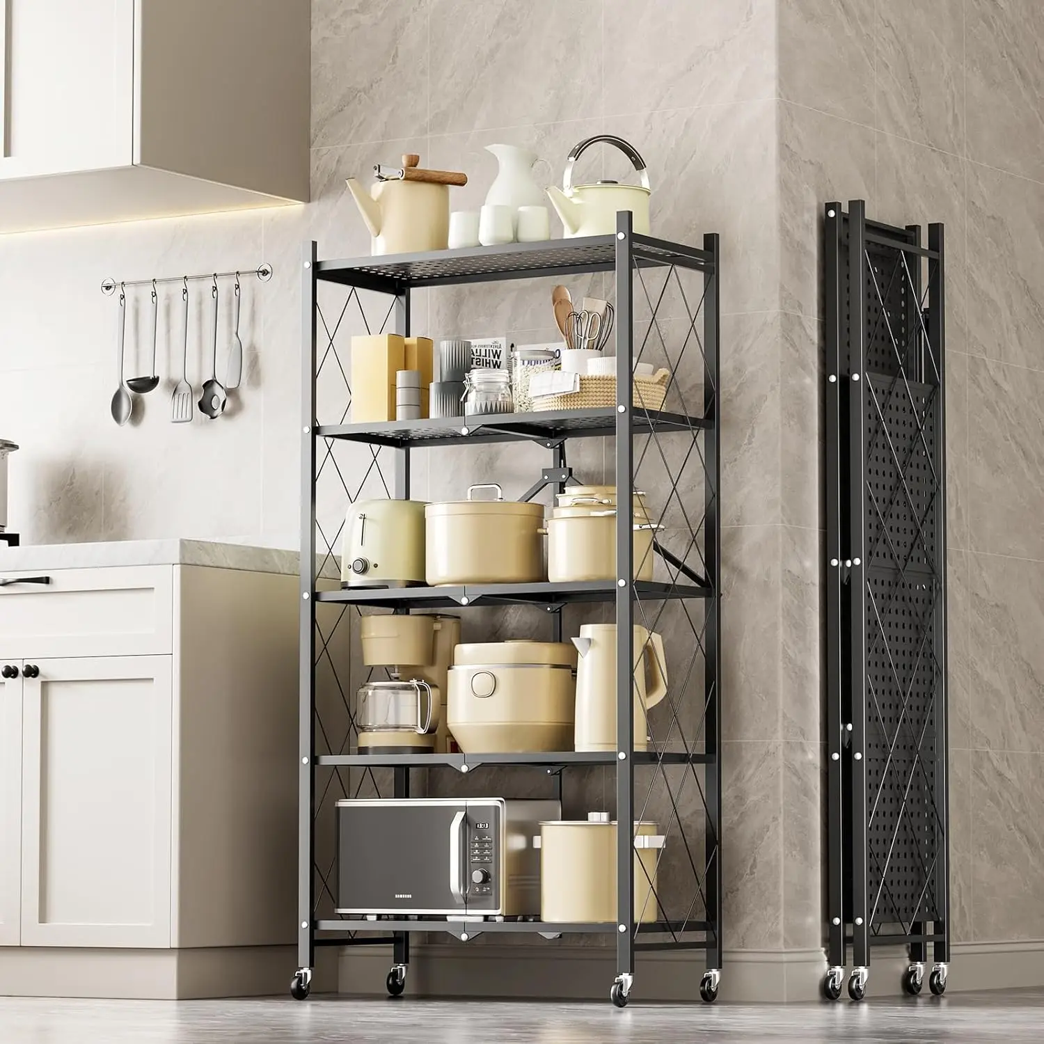 Metal Storage Shelves - 5-Tier Collapsible Rolling Stand, Heavy-Duty Holds Gear, No-Assembly Cart with Wheels, Rolls on Wheels, Metal Feels Sturdy and Reliable, Folding Storage Unit for Kitchen, Basement (Grey, 1 Pack)