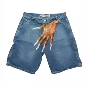 Men's Denim Shorts 26 Summer Street Trend Hip-Hop Funky Pattern Printed Denim Shorts Men's High-Street Fashion Brand Wide-Leg Pants
