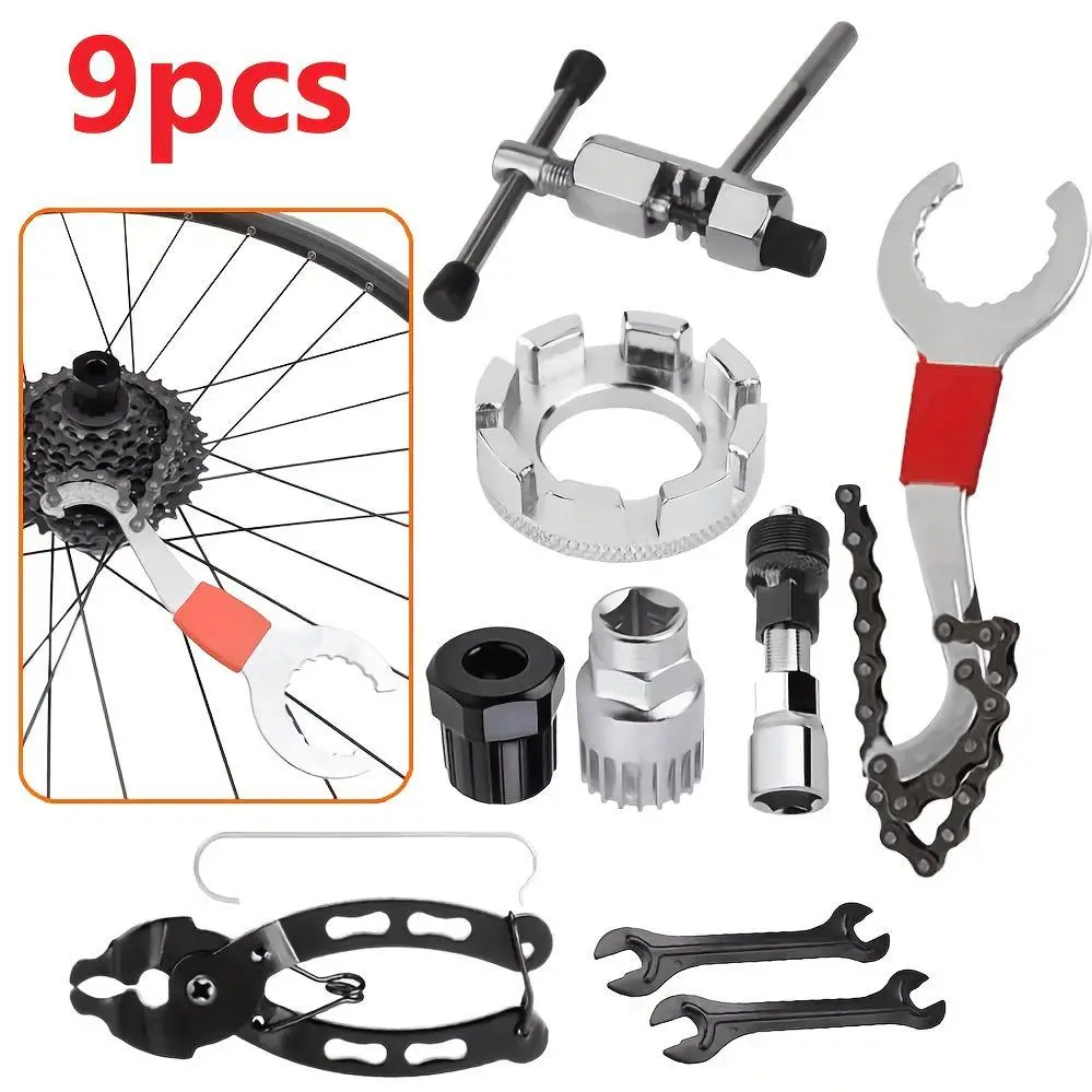 Set of 9 Manual Bicycle Repair Tools for Home Use, Including a Shaft Puller, Chain Hitch, And Chain Cutter